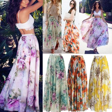 Jupe Longue Bohème Taille Haute pour Femmes, Imprimé Floral, Jupe de Plage, Jupe chic vintage d'Été pour Femme