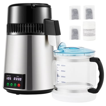 KFFKFF Système de Purification d'Eau, Capacité de 1,1 Gallon, 0,3 Gallon par Heure, 750 W, avec Minuterie 0-99 H, Contrôle de la Température, Acier Inoxydable, Comprend Pichet en Verre, Agent Nettoyant et 3 Filtres au Charbon, Argent