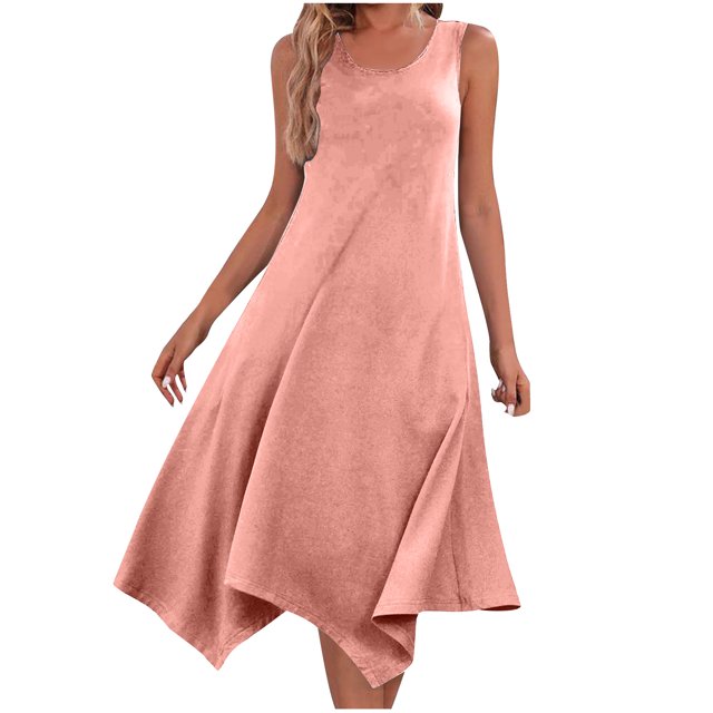 Yuyuzo Robe pour Femmes Sans Manches Décontractée Robe Débardeur Col Rond Robes de Plage Ourlet Irrégulier Robes Midi Fluides