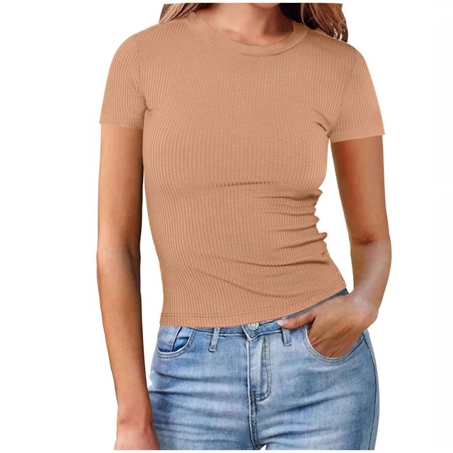 GigrtiJin Womens Basic T-Shirts Summer Crew Neck Short Sleeve Crop Tunic Tops Cute Slim Solid Color Comfy Blouses