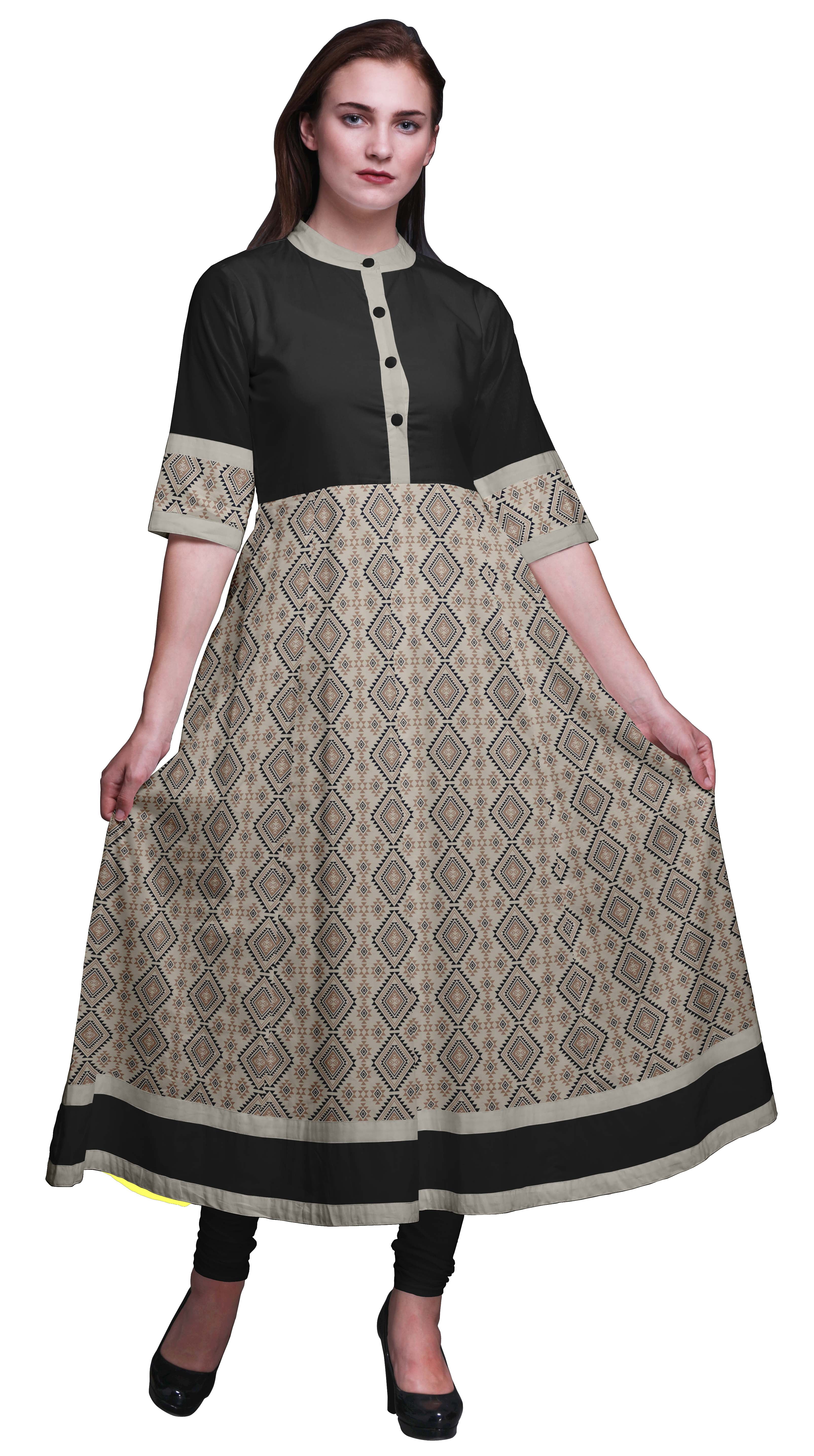 Bimba Grey Diamond & Triangle Geometric Long A Line Anarkali Dress For Women Classic Printed Indian Kurtis Tunic-Medium