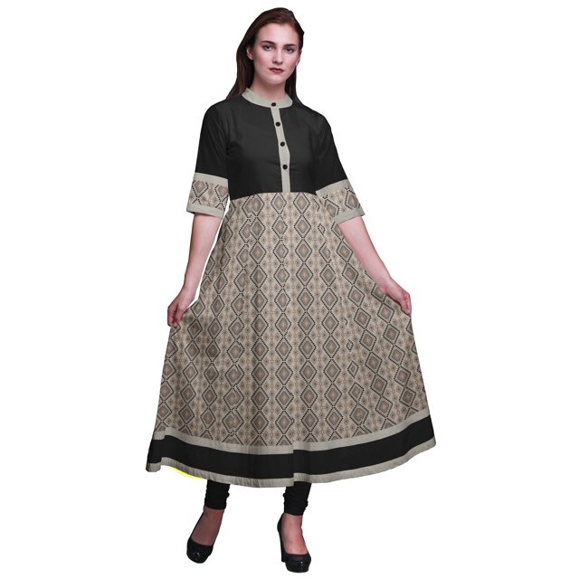 Bimba Kurtis Indiennes Grises à Losanges et Triangles Géométriques pour Femmes, Kurti Anarkali Imprimée en Ligne A, Robe Ethnique Décontractée - Très Petit