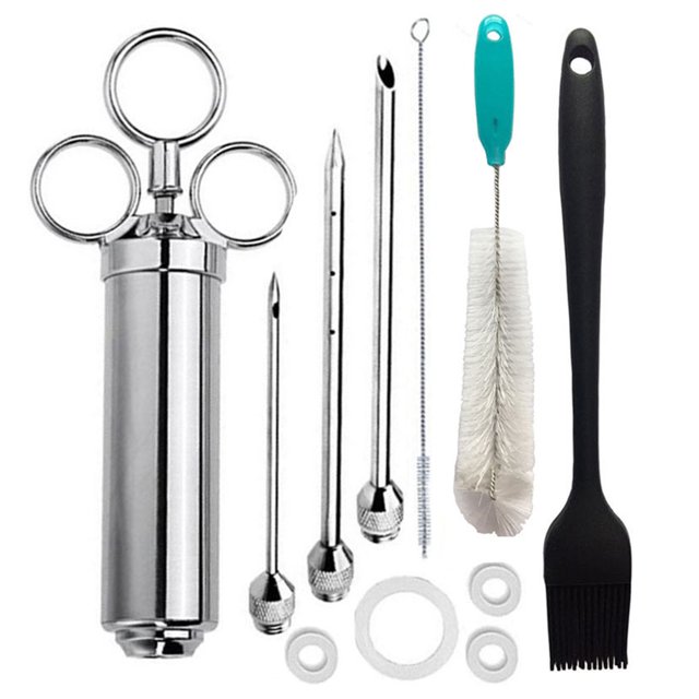 Stainless Steel Meat Injector Syringe with 3 marinade injector needles, 2-oz large capacity barrel, ergonomic 3-ring handle, and durable 304 stainless steel construction. Includes silicone basting brush, cleaning brush, and seals, ideal for BBQ, grill, smoker, and kitchen meat tools.
