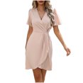 thumbnail image 2 of Ovzne Robes d'Été pour Femmes Robe d'Été Décontractée Couleur Unie Tempérament Col en V Manches Courtes Robe Taille Grande Taille Robe Maxi Manches Courtes Liquidation, 2 of 7