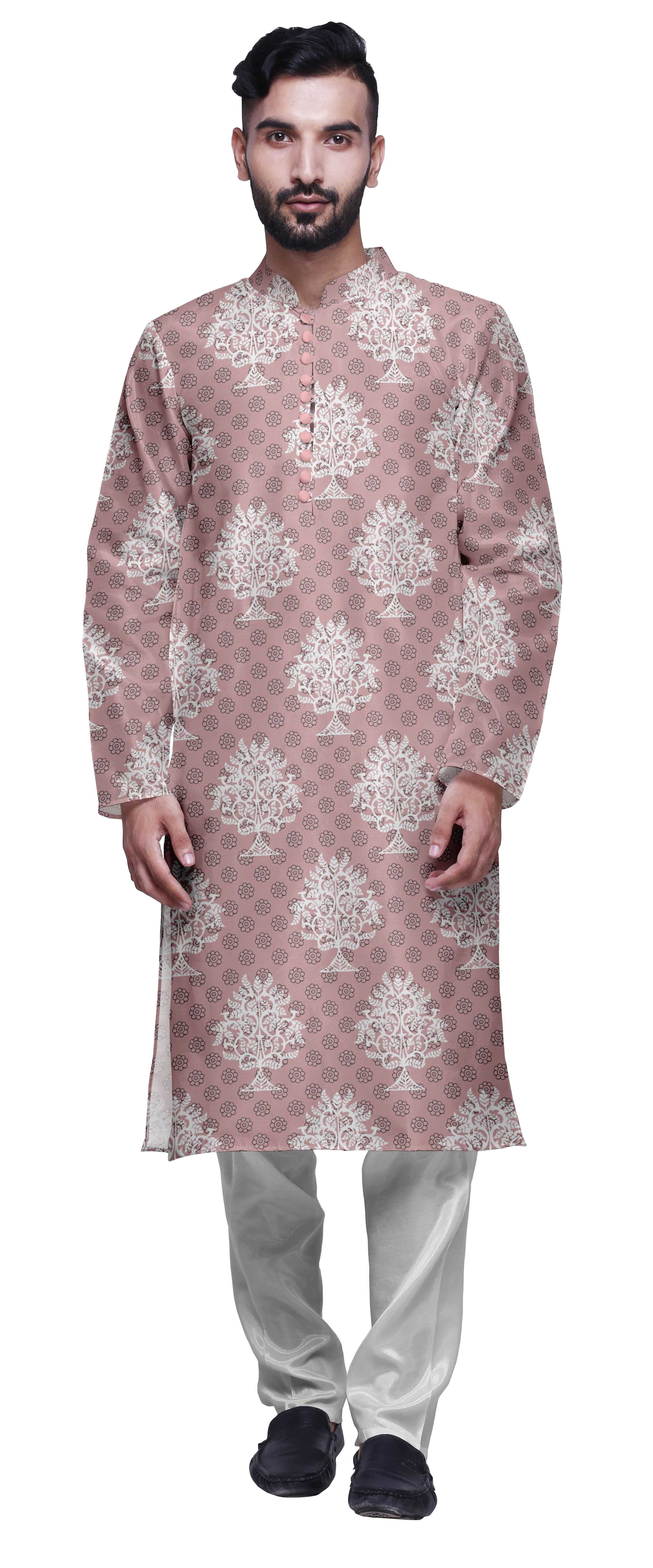 Atasi Mens Printed Modal Satin Indian Long Kurta With White Churidar Pajama Set