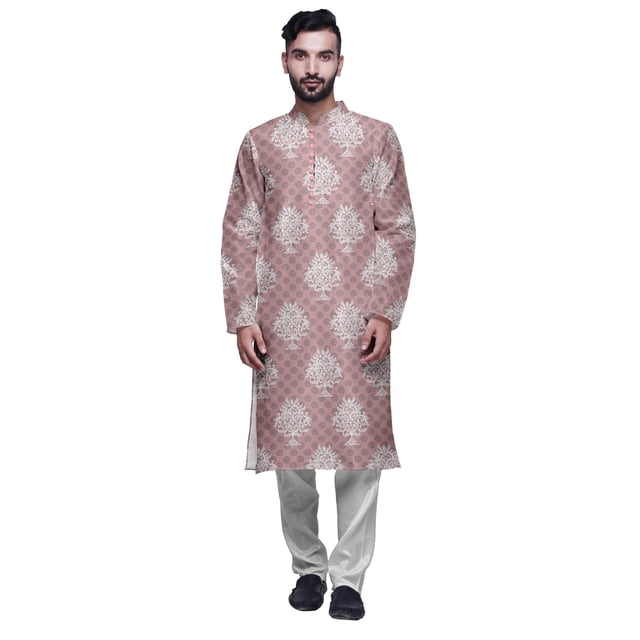 Atasi Printed Long Kurta For Men With White Churidar Pyjama Set Traditional Wear