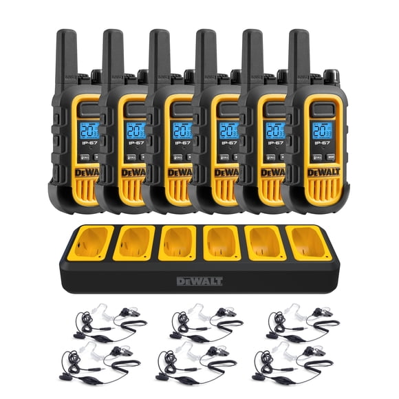 DeWalt DXFRS300 Heavy-Duty Walkie Talkies with Earpieces & 6-Port Charging Dock (6 Radios) - Rechargeable Long Range Two-Way Radios, Waterproof