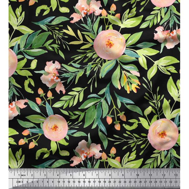 Soimoi Black Cotton Duck Fabric Leaves & Ranunculus Floral Printed Fabric 1 Yard 42 Inch Wide