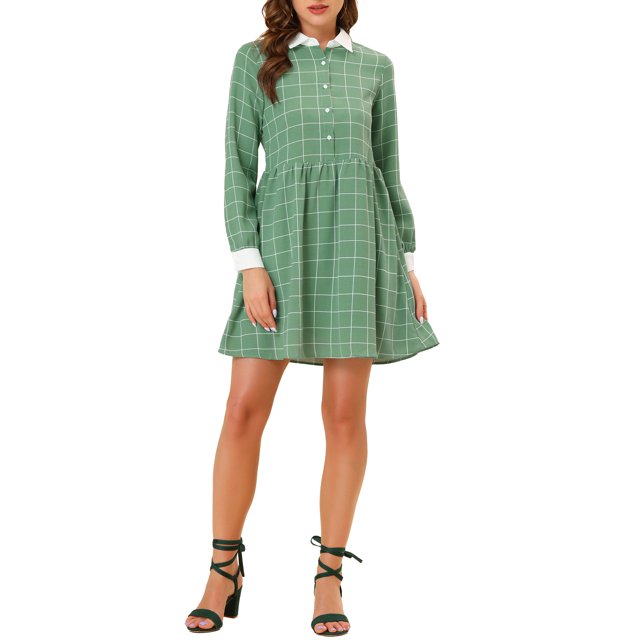 INSPIRE CHIC Robe-Chemise à Carreaux pour Femme à Manches Longues Boutonnée à Col Pointu m Vert