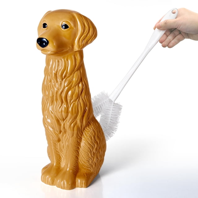 Golden Retriever Ceramic Toilet Brush Holder with Plastic Brush Set by Allure Home Creation. The holder is shaped like a sitting golden retriever with a shiny golden ceramic finish, black eyes, and nose. It features an open back for discreetly storing the included white plastic-handled toilet brush, allowing for faster drying after use. Ideal for dog lovers and adds a whimsical touch to bathroom decor.