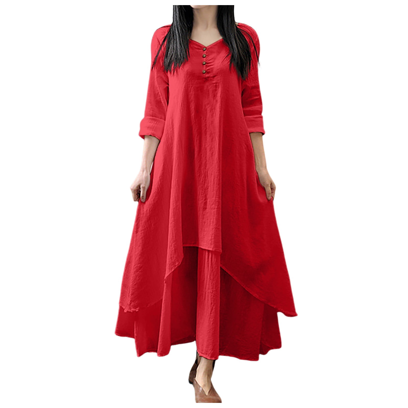 XDZJLR Womens Dresses formal Ladies Two Large Swing Linen Loose Long Sleeved Linen Dress