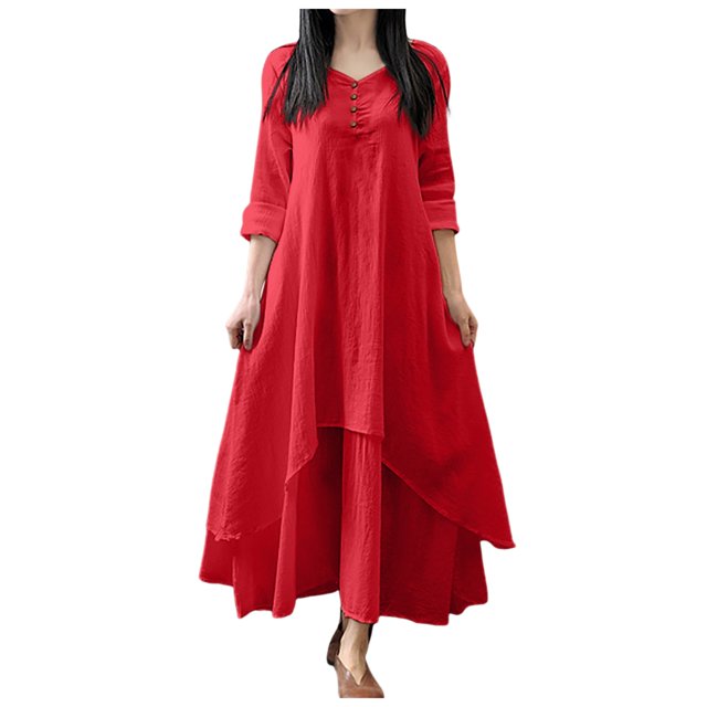 XDZJLR Womens Dresses formal Ladies Two Large Swing Linen Loose Long Sleeved Linen Dress