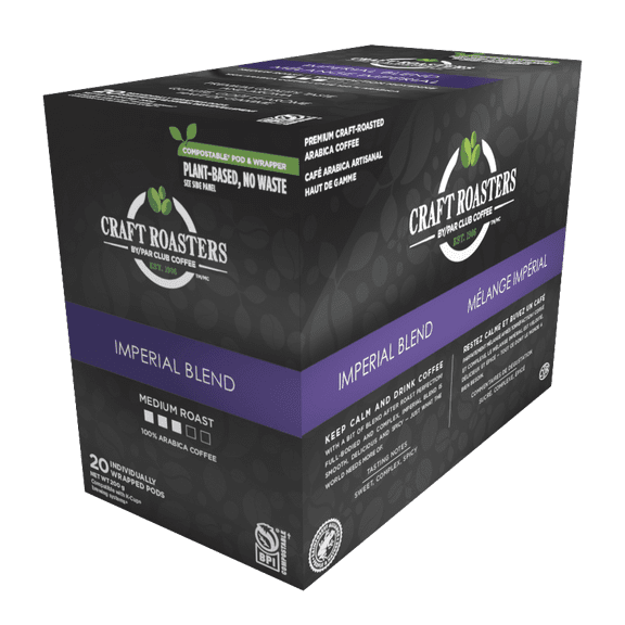 Club Coffee Craft Roasters Imperial Blend - Medium Roast Single Serve Coffee K-Cup Pods, Compostable Coffee Pods, Keurig Brewer Compatible, Rainforest Alliance Certified, 20 Count