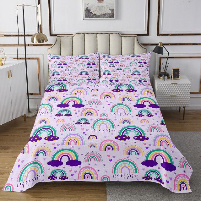 Erosebridal Girls Rainbow Coverlet Set Queen, Purple Cloud Bedding Set, Cartoon Theme Decor 3-Piece