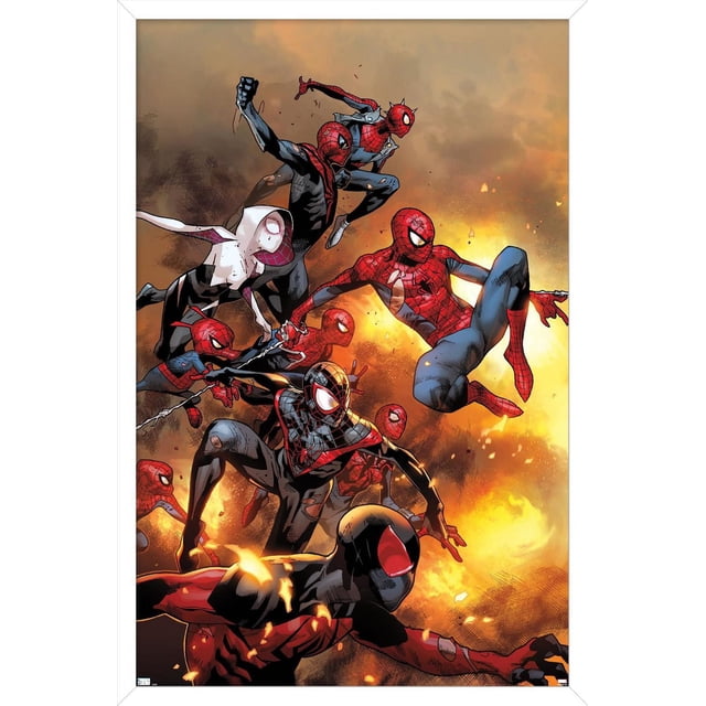 Marvel Comics - Spider-Verse - The Amazing Spider-Man #13 Affiche Murale, 22,375 Pouces x 34 Pouces Encadrée, Représentant Plusieurs Personnages Spider-Man dans des poses d'Action Dynamiques avec Diverses Tenues Emblématiques sur un Fond orange Ardent, Imprimée avec une Finition Satinée et Encadrée en Blanc, Convient à la Déco Maison Ou à la Décoration de Fête à Thème.