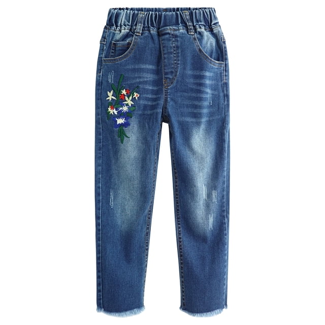 Kidscool Space Girls Floral Embroidered Ripped Washed Elastic Waist Jeans,Flower and Bowknot,4-5 Years