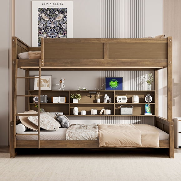 Noble House Full XL Over Queen Bunk Bed,Storage Cabinets with USB Ports,Antique Wood
