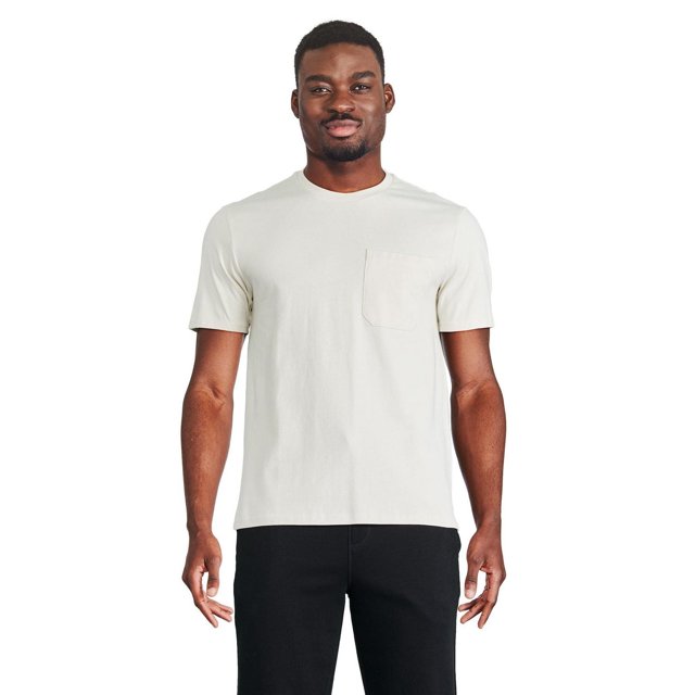 George T-shirt à Poche pour Homme en Blanc Cassé avec Encolure Ras du Cou, Manches Courtes, Poche Poitrine et Épaules Légèrement Tombantes, Fabriqué en Tricot jersey 100 % Coton à Ourlet Droit, Convient au Port Décontracté.