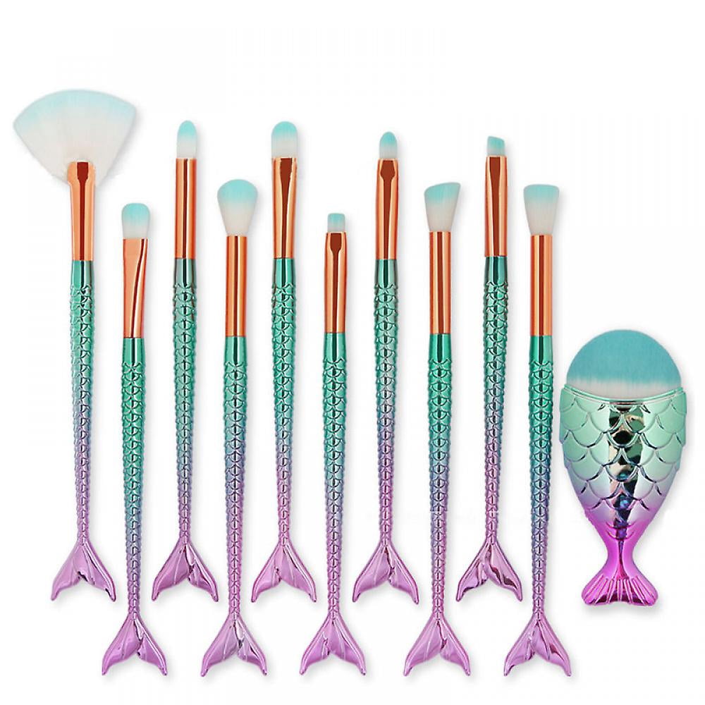 11pcs Makeup Brushes Set With Colorful Fish Tail Handle, Foundation Eyebrow Eyeliner Cosmetic Concealer Brushes Women Girl Cute Make Up Tool Set
