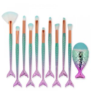 11pcs Brosses de maquillage Set avec poignée colorée de queue de poisson, Fondation sourcils Eyeliner brosses cosmétiques de dissimulateur femmes fille mignon maquillage ensemble d'outil