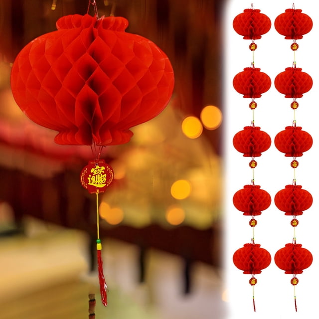EGNMCR Décor de Pièce, Décor de Maison, 10 Pcs Lanternes Suspendues en Papier Rouge Lantern pour les Célébrations du Nouvel An Lunaire. Fabriquées en Papier Plastique Rouge Vif, Ces Lanternes en Forme de Nid d'Abeilles Présentent un Pendentif Décoratif en Personnage Chinois Symbolisant les Bons Souhaits et le Bonheur. Idéal pour le Festival du Printemps, les Mariages et les Ornements de restaurant. Facile à Assembler, Ranger et Réutiliser.