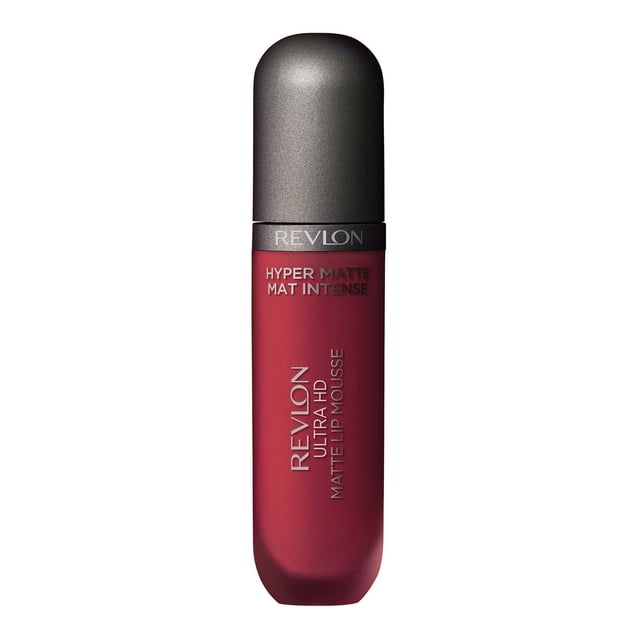 Revlon Ultra HD Mousse à Lèvres Mate Hyper Mate en Rouge Foncé avec une Finition Mate Lisse et Veloutée, avec une Casquette Arrondie Gris Foncé et un Texte de Marque Argent, Offrant une Formule Hydratante et une Couleur de Lèvres intense Idéale pour une Tenue Longue Durée.