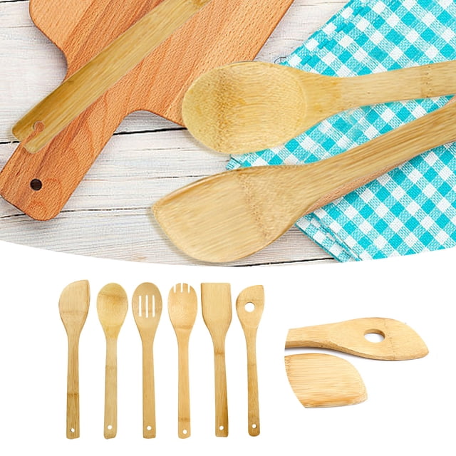 Wooden Cooking Kitchen Utensils Set 6 Piece - Organic Large 115 Inch Wooden Spoon Fork Turner For Cooking