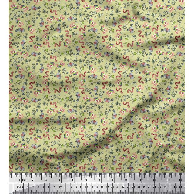 Soimoi Poly Georgette Fabric Earthworm,Fruit & Insect Print Fabric by The Yard 52 Inch Wide