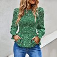 thumbnail image 3 of Blouse à Col Ras du Cou pour Femmes, Smockée, Manches Longues, Florale, Froncée, à Volants, Haut Péplum, 3 of 7