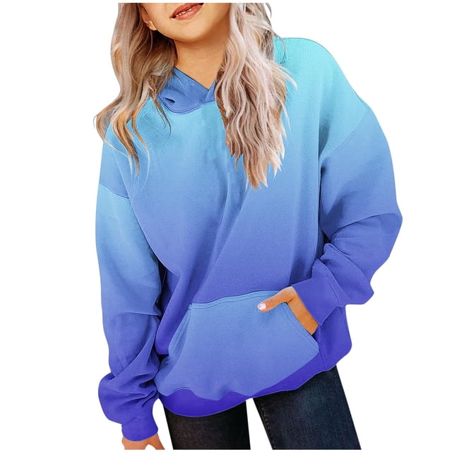 Zwiiyzr 2025 2-14 Ans Garçons et Filles Sweat à Capuche Oversize Manches Longues Dégradé T-Shirt Imprimé Col Rond Bleu