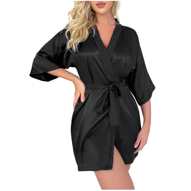 Timegard Satin Nightgowns for Women 3/4 Sleeve Robe Sleepwear Fall Warm Comfy Bathrobe Solid Color