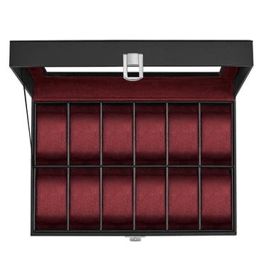 SONGMICS Watch Box, 12-Slot Watch Case, Watch Box Organizer, Black Synthetic Leather, Wine Red Lining