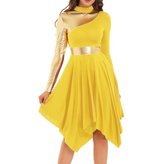 Alvivi Robe de Danse Liturgique de Louange Métallisée pour Femmes, Tunique Lyrique de Culte d'Église à Ourlet Haut-Bas Jaune P