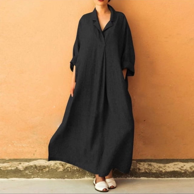 SMihono Robe Maxi Bohème d'Été pour Femmes Grande Taille Mode Automne Col en V Décontracté Solide Ample Confortable Manches Longues Robe de Plage