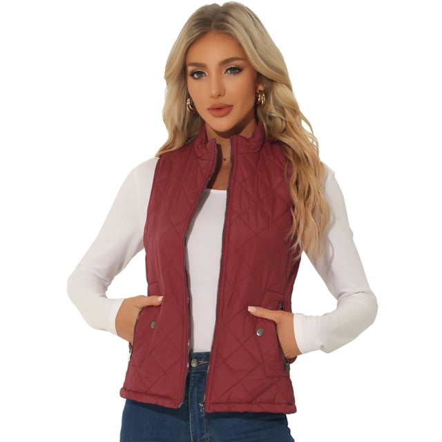 INSPIRE CHIC Gilet Matelassé Rembourré pour Femme à Fermeture Éclair devant avec Poches Rouge Vin m (US 10)