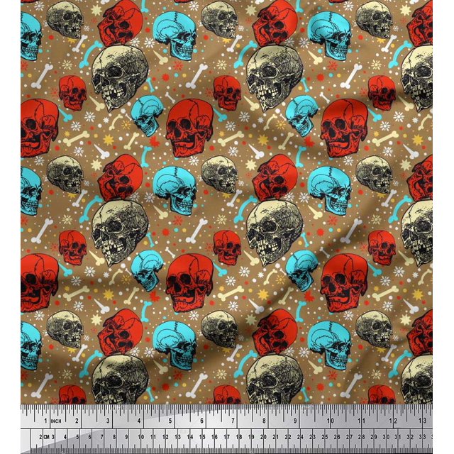 Soimoi Polyester Crepe Fabric Bone,Floral & Skull Halloween Decor Fabric Printed Yard 52 Inch Wide