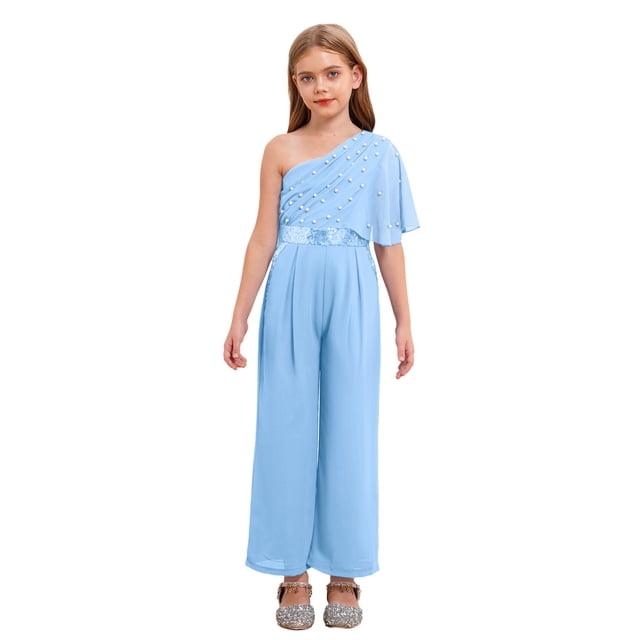 Miaeowve Girls Jumpsuit Summer Sequins One Shoulder Beaded Wide Leg Rompers One Piece Outfits with Pockets Light Blue 6