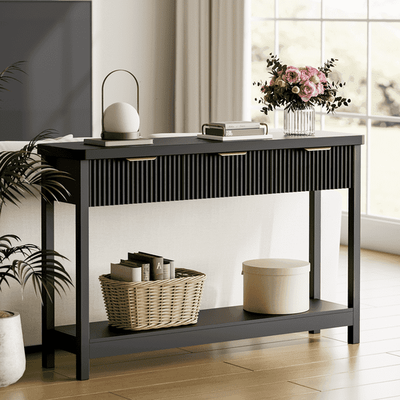 Laintene Table Console Cannelée, Table d'Entrée Étroite de 51 Pouces, avec 3 Tiroirs, Table Console Table de Sofa avec Tablette Ouverte de Rangement, Étagère d'Exposition Moderne pour Couloir Salon, Noir