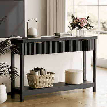 Laintene Table Console Cannelée, Table d'Entrée Étroite de 51 Pouces, avec 3 Tiroirs, Table Console Table de Sofa avec Tablette Ouverte de Rangement, Étagère d'Exposition Moderne pour Couloir Salon, Noir