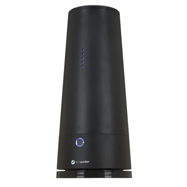 GermGuardian Air Sanitizer GG3000 Table Top with Deodorizer in matte black cylindrical design, featuring a blue LED power button and five vertical blue indicator lights, ideal for killing airborne bacteria and reducing odors in home air purification.