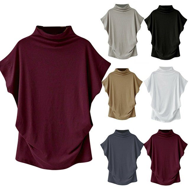 MesaSe Mode Été Femmes Couleur Unie Col Roulé Manches Courtes T-Shirt Haut