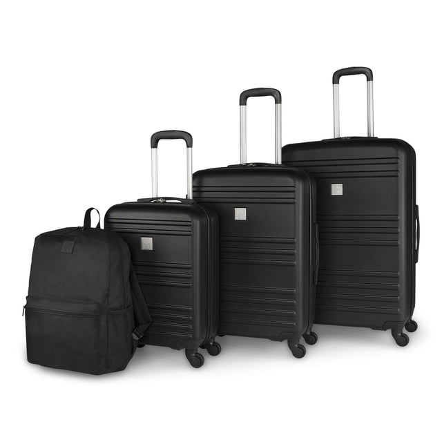 Bondstreet 4 pcs set with 3 ABS/PC blend carry-on luggage featuring 360-degree spinner wheels and telescopic trolley handles, plus a black polyester backpack with padded laptop compartment, front zippered pocket, and side mesh pockets for organized travel.