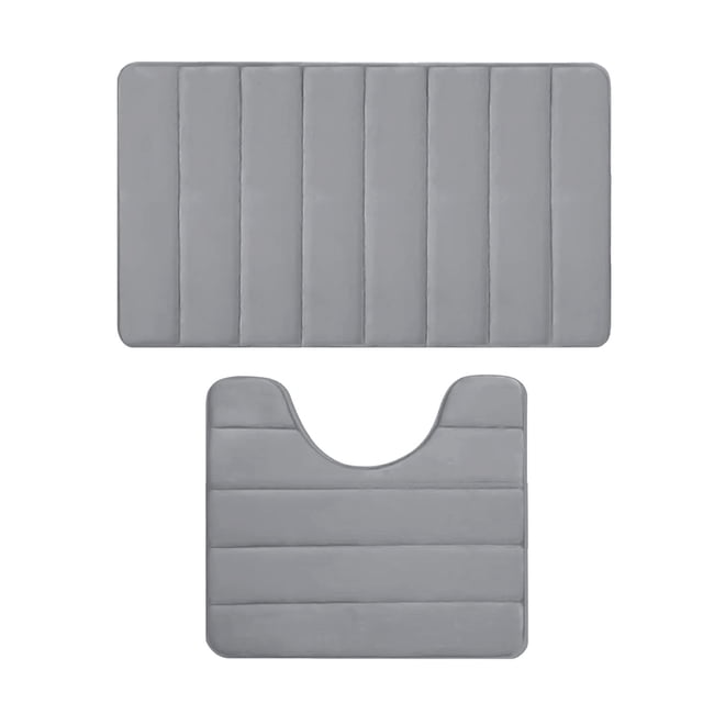 Rbaofujie Car Carpet Memory Foam Bath Mat Set in grey, designed for kids' bathrooms. Includes a rectangular bath mat and a contoured toilet mat made with velvet fleece and memory foam for comfort, water absorption, and non-slip rubber backing. Machine washable and suitable for modern bathroom decor.