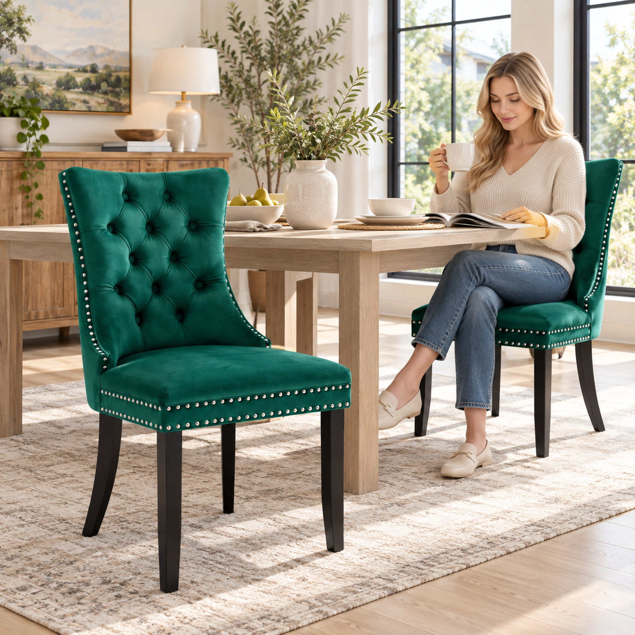 Homy Casa Green Velvet Tufted Dining Chairs Set of 2 with Solid Wood Legs and Nailhead Trim