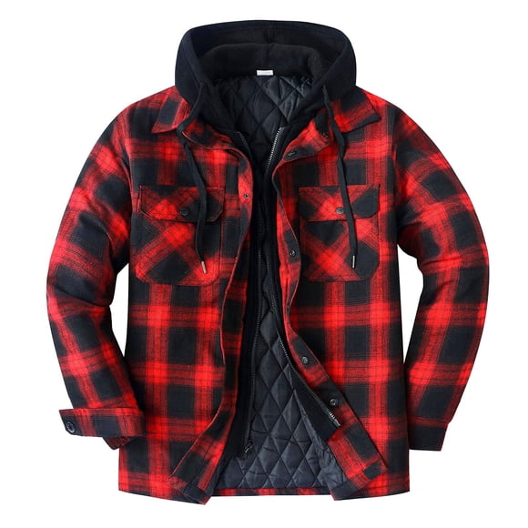 cllios Mens Quilted Lined Flannel Hooded Jacket Prime Day Deals, Plaid Button Down Shirts Zipper Hoodie Jacket Double Closure Windproof Outdoor Work Shacket Jackets