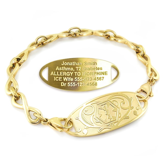 MedicEngraved Yellow Gold Stainless Steel Custom Medical Alert Bracelet - 6mm Infinity Link