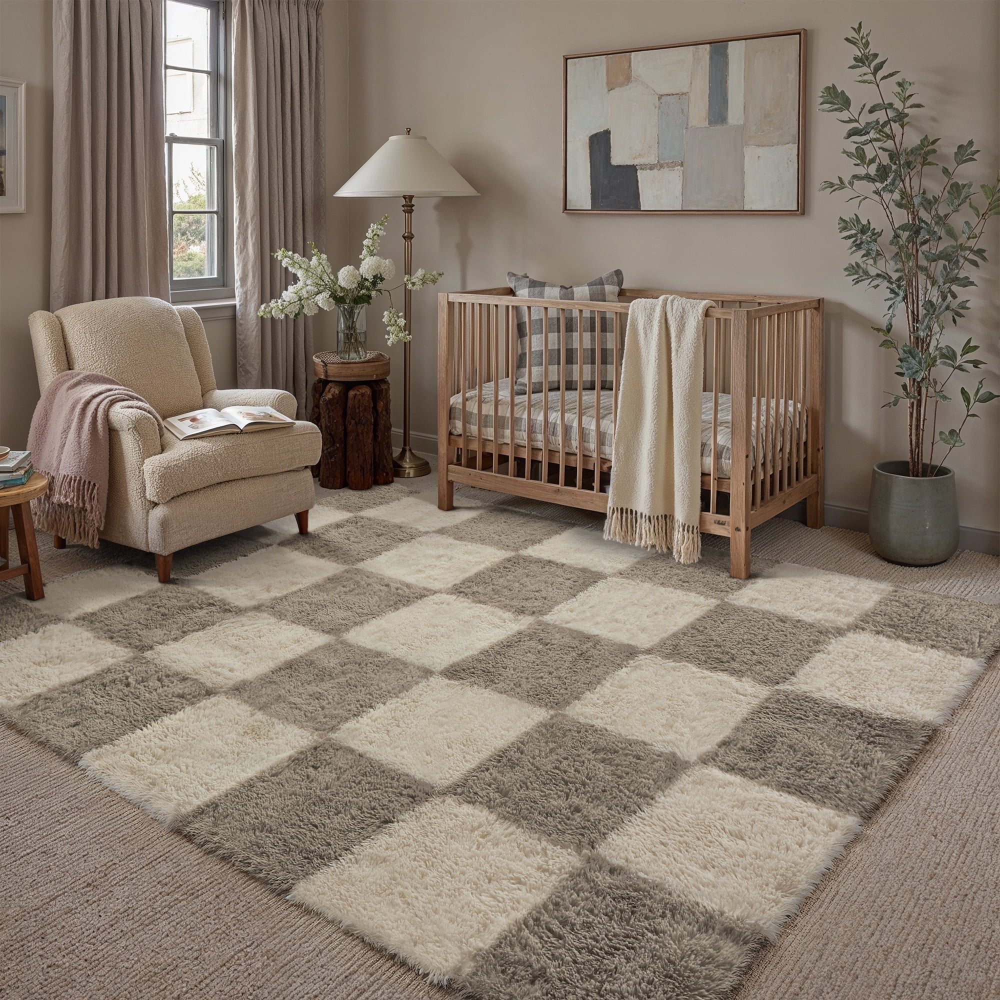 BERTHMEER 5'x7' Shag Area Rugs for Living Room Bedroom Kitchen Office Laundry Dorm Modern Checkered Contemporary Plush Soft Carpets Indoor Fuzzy Fluffy Washable Rugs, Gray White