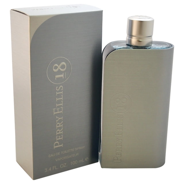 Perry Ellis 18 by Perry Ellis for Men - 3.4 oz EDT Spray. A sleek, metallic silver bottle with rounded edges, paired with a matching box featuring embossed branding. This men's cologne features an aromatic fougere blend with spicy notes, lemon, citruses, sea water, bergamot, geranium, jasmine, sandalwood, and birch.