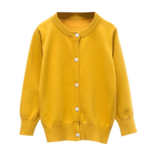 SROBPTY Girls Fall Cardigans, Children's Solid Color Long Sleeve Fleece Knitted Cardigan Round Neck Sweater Yellow 7-8 Years