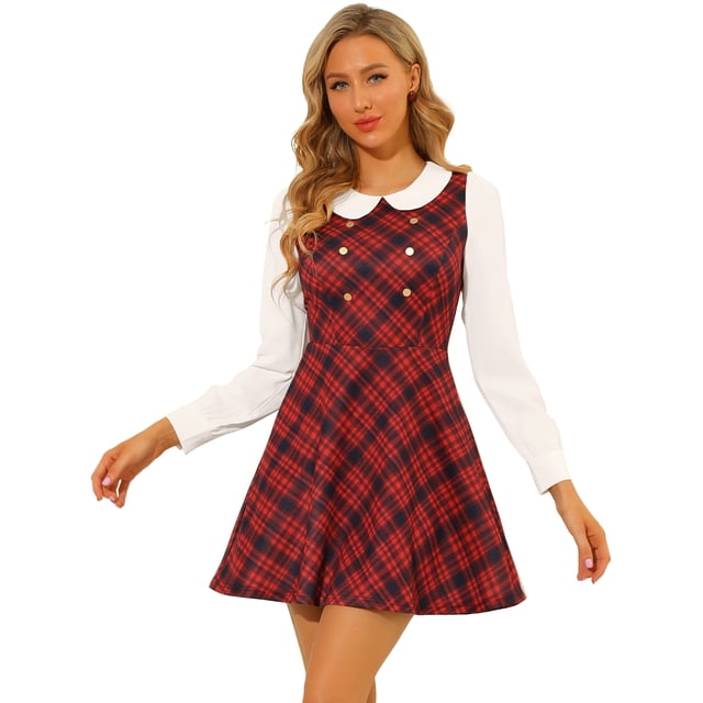 INSPIRE CHIC Women's Plaid Peter Pan Collar Long Sleeve Mini A-Line Dress